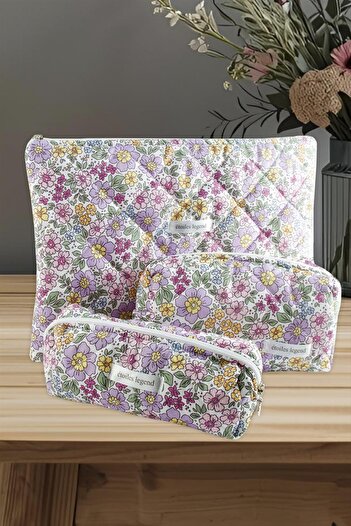 Bijuteri Net Flower Pattern Pencil Makeup Labtop Computer Set Bag
