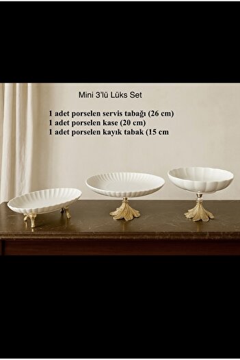 Sillage Home 3-Piece Luxury Gold Footed Porcelain Serving Set – Serving Plate (26 cm), Bowl (20 cm), Boat Plate (15 cm)