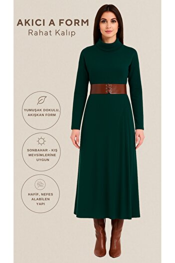 FARREN Kadın Modern Fit A Form Örme Elbise Koyu Yeşil - Balıkçı Yaka | Deri Kemerli | Sonbahar-Kış