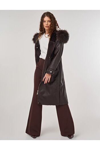 Kayra Fur Detailed Faux Leather Coat Brown