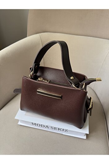 Moda Sekiz Women's Medium Size Three-Compartment Shoulder Bag with Detail Accessories, Hand Strap and Crossbody Strap