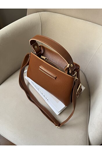 Moda Sekiz Women's Medium Size Three-Compartment Shoulder Bag with Detail Accessories, Hand Strap and Crossbody Strap