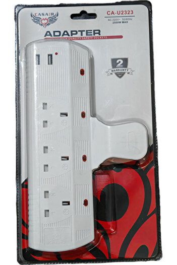 Casair وصلة طاقة متعددة المنافذ مع حماية من زيادة التيار، منفذا USB، قابس المملكة المتحدة 13 أمبير (2500 واط)، CA-U2323 أبيض