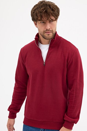 mmetalic Men's Burgundy Standard Fit Regular Cut Cotton Half Zipper Stand Collar Cotton Sweatshirt