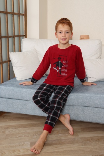 KAPİKİDS Free Embroidered, Plaid, and Cuffed Fleece Children's and Youth's Pajama Set with Skateboarding Motif