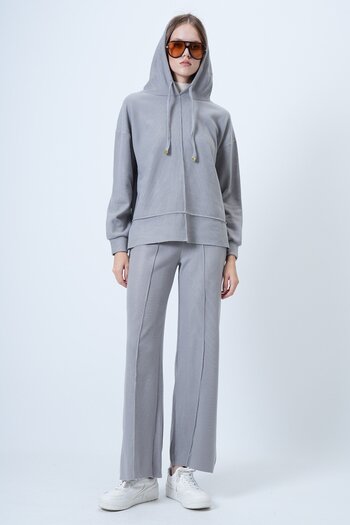 VAGGON Hooded Sweatshirt with Stripes on the Front and Elastic Waist Palazzo Knitwear Set