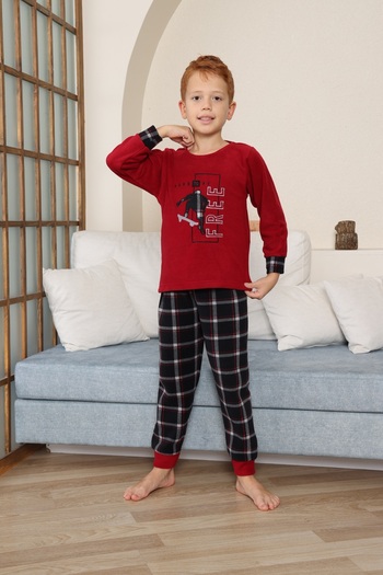 KAPİKİDS Free Embroidered, Plaid, and Cuffed Fleece Children's and Youth's Pajama Set with Skateboarding Motif