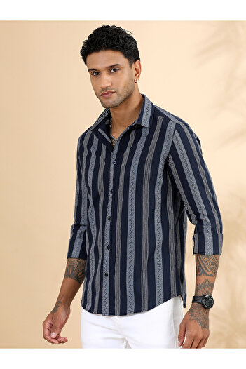 Bushirt By Styli Men Navy Blue Striped Spread Collar Shirt