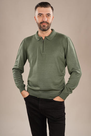 6AM Ceremony Men's Green Sweater with Polo Collar and Zipper - 2XL