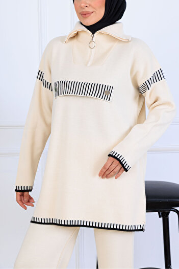 benguen Zippered Collar Knitwear Set S1105 Stone Color