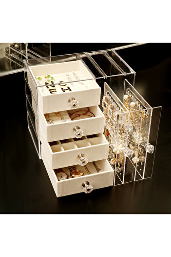 AB Luxury Concept Jewelry box for necklaces, earrings, bracelets, 2 panels with 144 holes, 4 velvet drawers, 21x13x18
