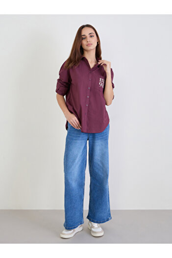 Styli Burgundy Oversized Shirt with Patch Pocket