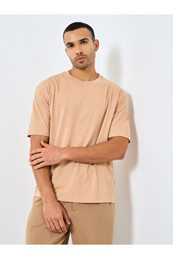 Styli Men Beige Text Printed Oversized Jersey T-Shirt