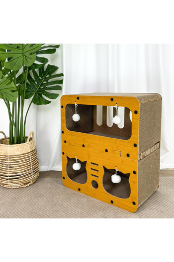 AB Luxury Concept Cat House, Ecological Wood, Equipped with Double Layer Scratching Board and 4 Plush Balls, 2 Floors