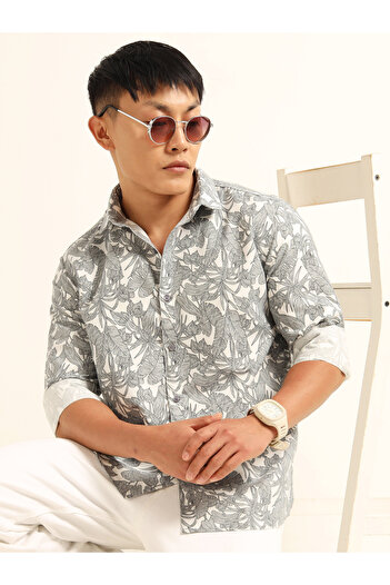 Bushirt By Styli Men Grey All Over Print Spread Collar Shirt