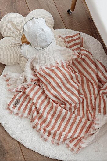 ZEYPBA Tile Yarn Dyed Muslin Striped Muslin 4-Layer Muslin Tasseled 4-Layer Muslin Blanket 110X110Cm