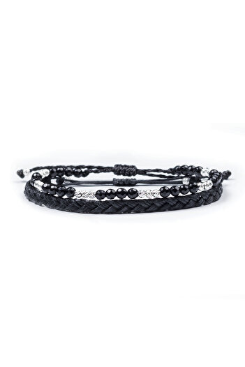 Velar Bracelets Set Bratari din Snur Onix Fatetat si Bile din Argint 925