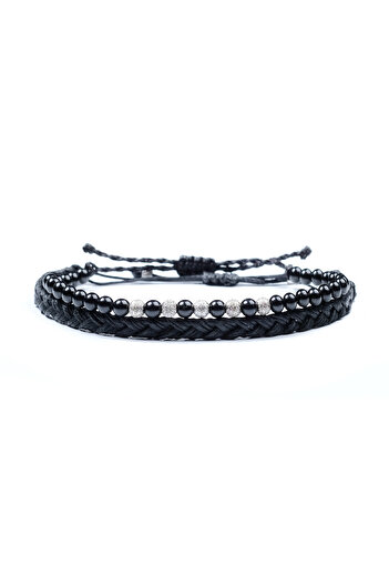 Velar Bracelets Set Bratari din Snur Onix si Bile Stardust din Argint 925