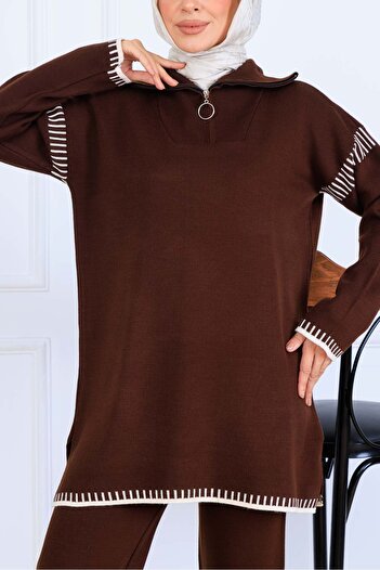 benguen Zippered Collar Stripe Detail Knitwear Set S1061 Brown