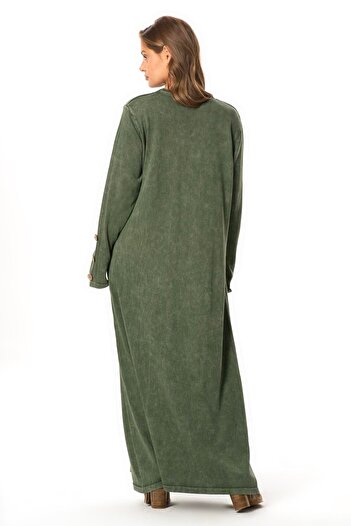 Eliş Şile Bezi Long Sleeve Eye-Catching Crew Neck Button Detail Autumn and Winter Long Knit Dress Khaki Hk