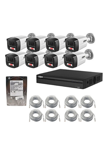 DAHUA IP Surveillance System - 8×2MP Cameras, Dual Light (White/IR 30m), PoE, Microphone, 8-ch NVR,