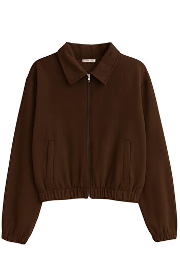 Mixray 4764 Women's Basic Zippered Ribbed Knitted Jacket Brown