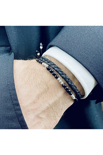 Velar Bracelets Set Bratari din Snur Onix Fatetat si Bile din Argint 925