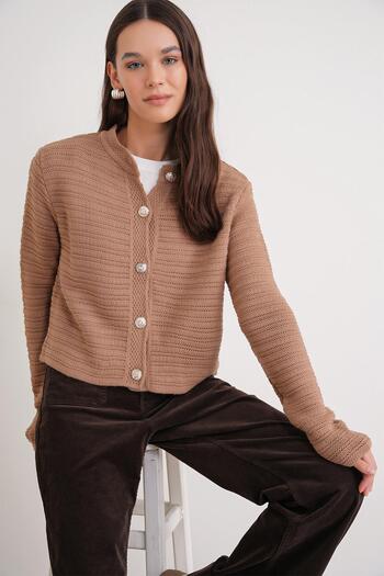 Mixray 6778 Women's Links Patterned Crop Knit Cardigan Camel