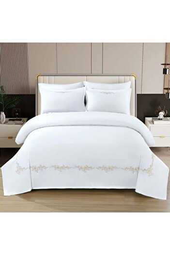 Comfy 6Pc Plush Cotton Luxurious Embroidery King Size White Floral Comforter Set