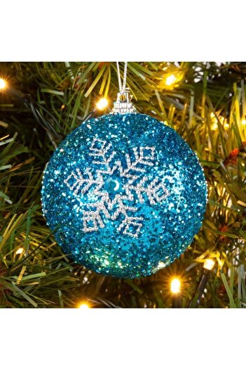SHOPIENS Christmas Bauble Set, Snowflake Design, Turquoise with Silver Glitter, 8 cm, 6 pcs