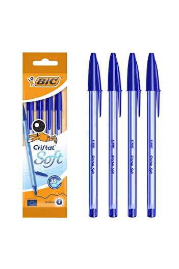 SHOPIENS Set pixuri BIC Cristal Soft, 4 buc., cerneală albastră, vârf mediu de 1,2 mm