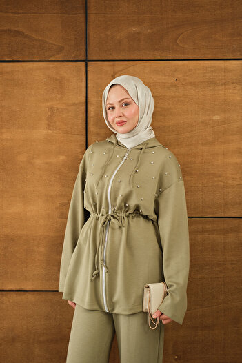 LOCCO Women's Stone Detail Hooded Set Green