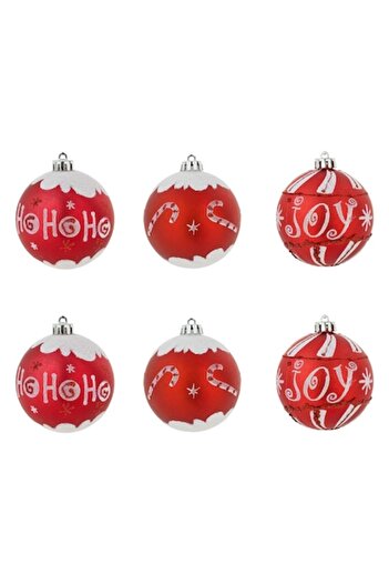 SHOPIENS Christmas bauble set 'Ho Ho Ho' & 'Joy', plastic, red & white, 8 cm, 6 pcs