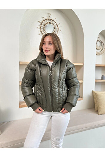 Zerenyus Puffer Kısa Trend Şişme Mont Haki