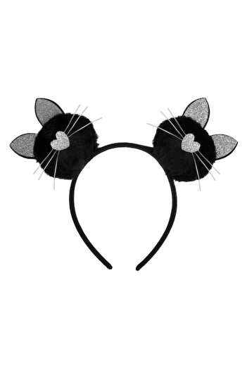 SHOPIENS Pompon Hair Headband with Cat Ears, Silver Glitter, Black, Polyester