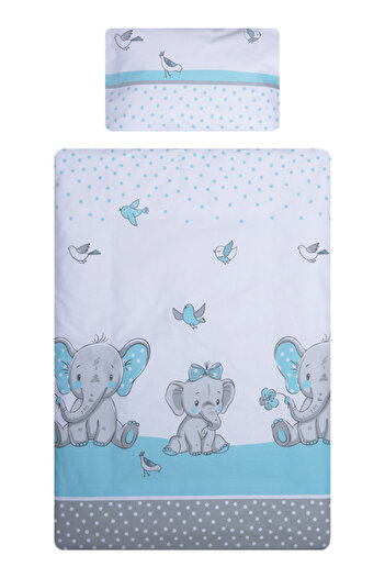 Beberoyal Set lenjerie bumbac 3 piese 120x60 cm, Elefant & Birds Blue