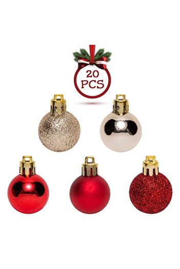 SHOPIENS Set of 20 Christmas Baubles, Glitter, Red and Beige, 3 cm