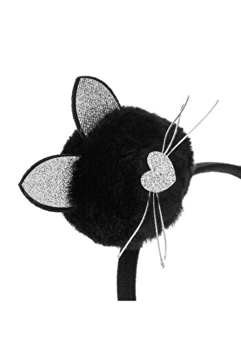 SHOPIENS Pompon Hair Headband with Cat Ears, Silver Glitter, Black, Polyester