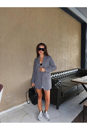 Lavanta Tekstil Gray Lined Single Button Double Breasted Blazer Jacket with Elbow Detail