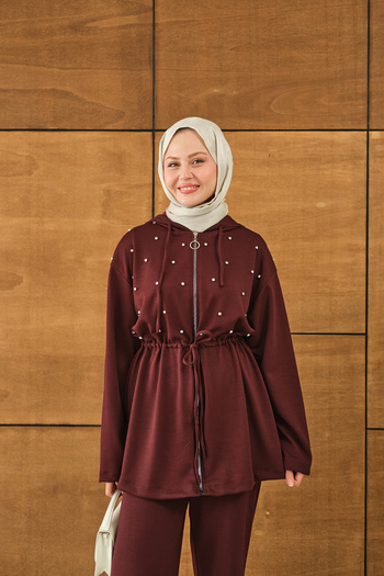 LOCCO Women's Stone Detail Hooded Suit Burgundy