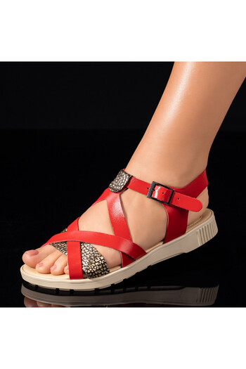 BMoD Women's red leather flat sandals MOD09469