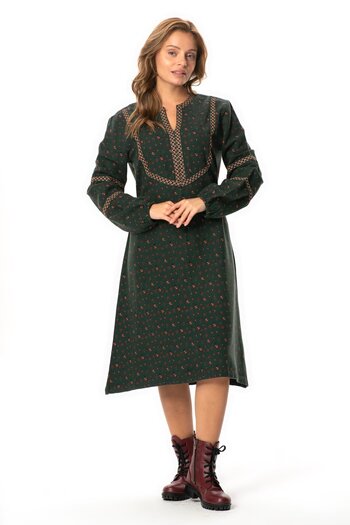 Eliş Şile Bezi Long Sleeve Nurperi Flannel V-Neck Patterned Winter Midi Length Dress Green Ysl