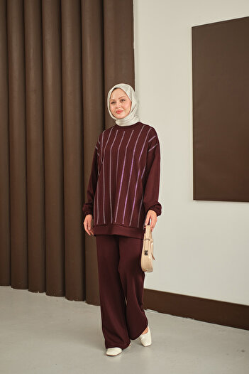 LOCCO Women's Stone Detail Suit Burgundy