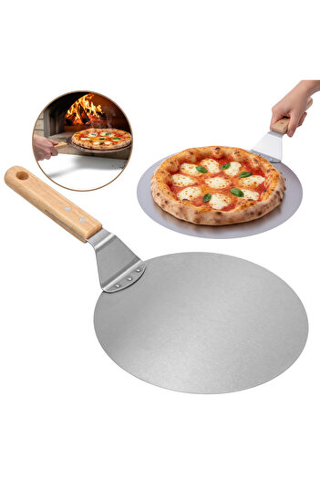 Köken Pizza shovel, 30.5 cm round stainless steel tray, Wooden Handle, Spatula 49 cm