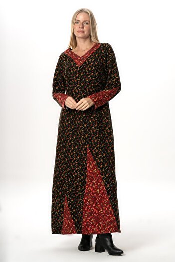 Eliş Şile Bezi Long Sleeve Maide Authentic Floral Long Autumn and Winter Flannel Dress Black Syh