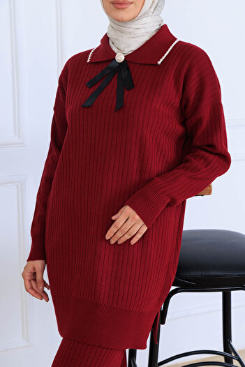 benguen Ribbed Collar Detail Knitwear Set S1064 Burgundy