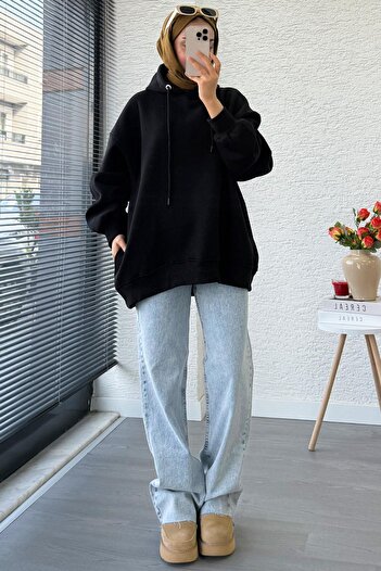MELEK ARAZ Premium Oversize Women's Sweatshirt with Pleated Detail on the Sleeves – Black