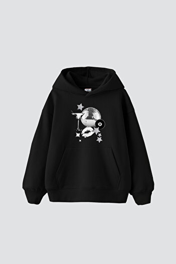Sekizbiraltı Martini Disco Printed Oversize Unisex Black Hoodie