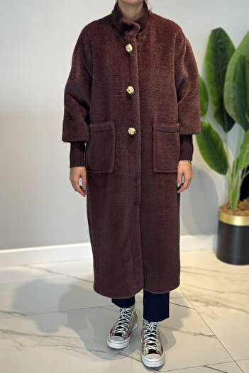 Lale Butik Angora Coat with Brooch Detail 15231 Brown