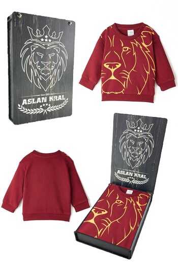 Galatasaray Original Lion Printed Red Sweatshirt with Gift Wooden Box
